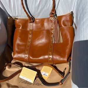 Excellent!  Patricia Nash Carducci tote veg tan leather brown studded handbag